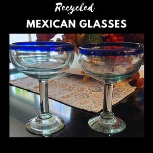 Mexican Recycled Hand Blown Margarita Cocktail Glasses Cobalt Blue Rim Set of 2